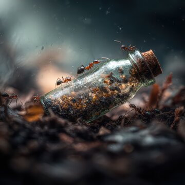 Ants surrounding and carrying a glass bottle, unity and cooperation symbolism, macro perspective