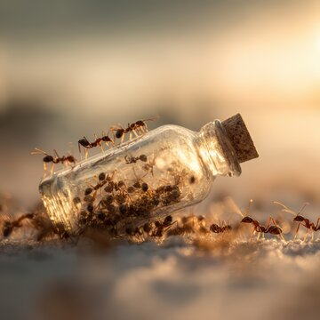 Ants surrounding and carrying a glass bottle, unity and cooperation symbolism, macro perspective