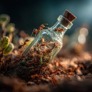 Ants transporting a glass bottle through leaves and soil, unity and persistence theme, macro photography