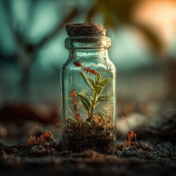 Ants transporting a glass bottle through leaves and soil, unity and persistence theme, macro photography