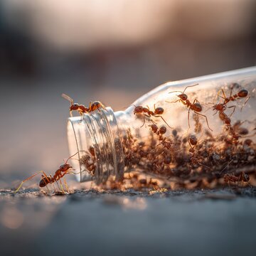 Close-up macro scene of ants carrying a glass bottle together, strength in unity concept, realistic anatomy