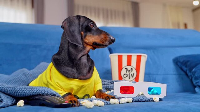A black and tan dachshund dog in a yellow shirt sits on a blue sofa beside a paper popcorn tub, red and blue 3d glasses and a remote, a cozy home entertainment moment.