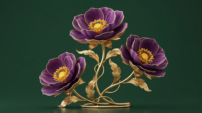 Decorative purple flowers with golden stems on green background