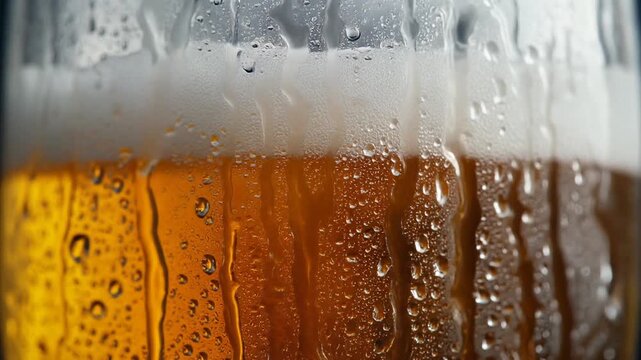 Macro of Cold Beer Glass with Water Droplets Sliding Down, Amber Liquid and White Foam, Refreshing Beverage Close Up