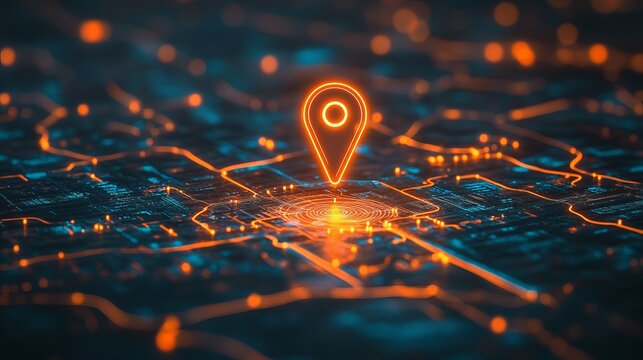 Glowing location marker icon on a digital map network, representing precise geolocation and pinpoint accuracy for navigation and tracking