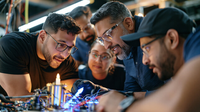 Quantum hardware startup team clustered around a random number generation certification testing rig, candlelit amber workshop lighting, close camaraderie, technical problem solving, entrepreneur dri