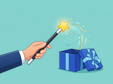 A hand holding a magic wand and casting a spell on a blue gift box to create a surprise