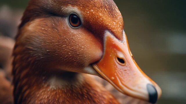 Macro Close-up Shot of a Duck's Orange Beak with Wet Texture and Water Droplets, High Detail Wildlife Portrait