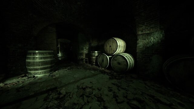 Dim Georgian wine cellar with barrels, stone floor mottled with moss, low green light casting deep shadows, stacked oak barrels slowly aging vintage wine, damp