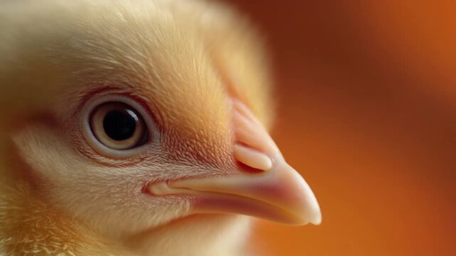 Macro Shot of a Baby Chick Beak with Soft Downy Feathers and Warm Light Reflection, Close-up Nature Video