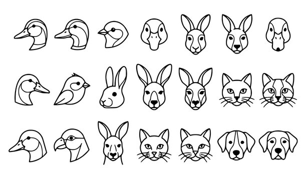 Cute Animal Face Outline Icons Featuring Duck Rabbit Cat Dog Fox and Bird Characters
