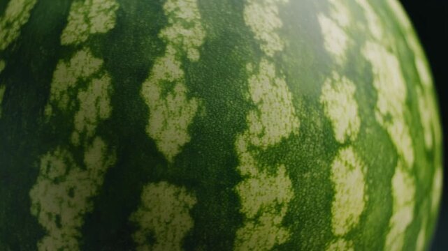 Macro Close Up Shot of Green Striped Watermelon Skin with Sharp Texture and Dramatic Side Lighting