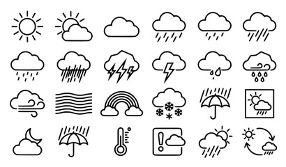 Obraz premium Weather Line Icon Collection Featuring Sun Clouds Rain Snow Storm Temperature and Forecast Symbols