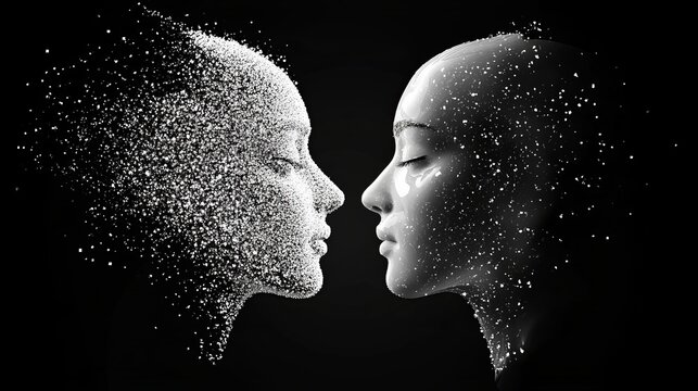 Two human faces composed of digital particles, representing duality, artificial intelligence, and the merging of human and technological existence
