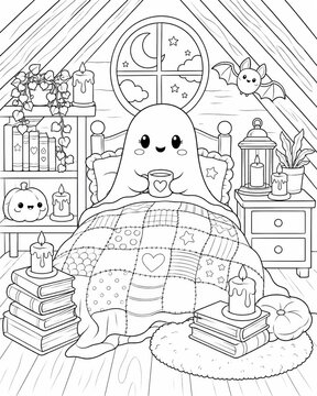 Cozy halloween kawaii ghost in a haunted house coloring book scene for spooky cute printable designs