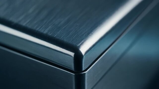 Macro Cinematic Close-up of Polished Metal Box Edge with Sharp Silver and Blue Light Reflections