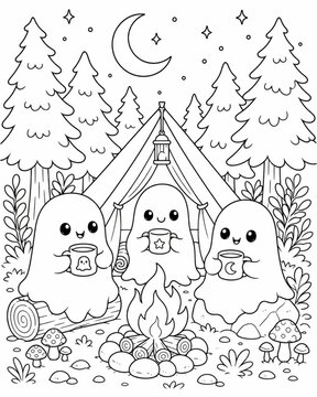 Adorable kawaii ghosts gathered around a warm campfire in a spooky forest perfect for a halloween themed coloring book