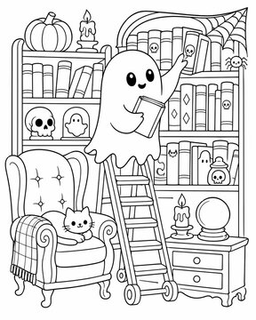 Adorable ghost in a warm haunted home surrounded by books and a cat perfect for a spooky cute halloween coloring activity