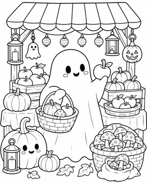 Whimsical kawaii ghost at a cozy halloween market surrounded by pumpkins and mushrooms perfect for coloring fun