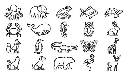 Obraz premium Wild Animal Outline Icon Collection Featuring Elephant Octopus Turtle Crocodile Fish Butterfly and Owl
