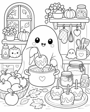 Charming halloween themed coloring page featuring a cute ghost surrounded by treats and apples in a spooky kitchen atmosphere