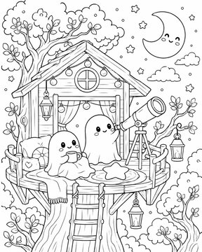 Charming halloween illustration featuring adorable ghosts in a whimsical treehouse perfect for a cute coloring book