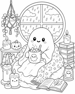 Adorable halloween ghost coloring page featuring candles pumpkins and books for a delightful spooky experience