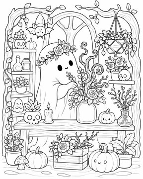Adorable kawaii ghost in a warm halloween setting featuring intricate line art perfect for coloring activities