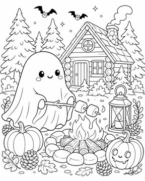 Cozy halloween coloring page featuring a kawaii ghost by a campfire near a haunted house and pumpkins