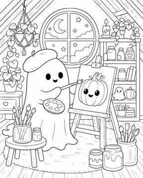 Adorable ghost character painting a pumpkin in a warm and inviting halloween themed coloring book illustration