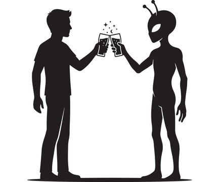 Alien and Human Toasting with Drinks Under Stars Illustration Featuring Glasses, Moon, Celebration with Friendship