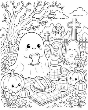 Charming halloween picnic featuring an adorable ghost and playful pumpkins set in a whimsical graveyard coloring illustration
