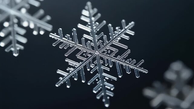 Detailed Macro Shot of a Single Symmetrical Snowflake Structure with Soft Diffused Lighting Against Dark Background, Winter Nature Concept