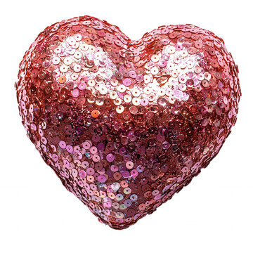 Pink sequin heart symbolizing love romance and celebration with shimmering texture on transparent background