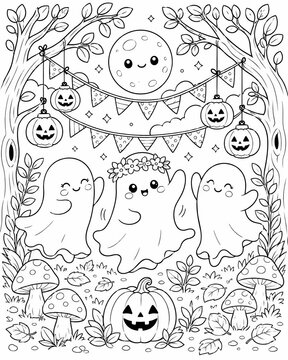 Adorable kawaii ghosts in a warm and inviting halloween setting perfect for a fun printable coloring book