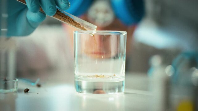 Inside a lab, a researcher pours newly formulated instant coffee into a clear container, launching precise experiments to refine the coffee's solubility and flavor, aiming to innovate the beverage