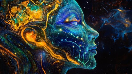Obraz premium Abstract portrait of a human face illuminated with vibrant cosmic energy, showcasing the intricate beauty of the mind and inner thoughts