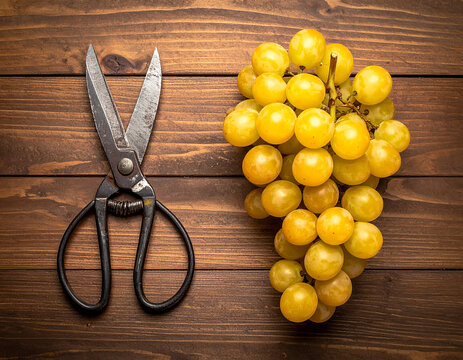 Racimo de uvas blancas junto a unas tijeras de vendimia sobre madera, concepto de vendimia tradicional, bodega artesanal, elaboraci&oacute;n de vino, viticultura, enoturismo y producci&oacute;n agr&iacute;cola sostenible