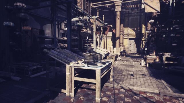 Dawn lit moroccan medina market table set with woven rugs and wooden display, narrow stone alley framed by archways, warm sunlight casting long shadows, quiet