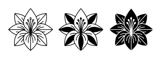 Fototapeta premium Elegant Floral Vector Icons, Stylized Lily Flower Graphics, Botanical Line Art Designs, Black and White Decorative Elements