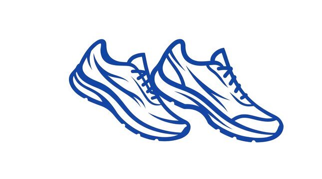 Blue line art vector illustration of a pair of modern running shoes or athletic sneakers isolated on a white background