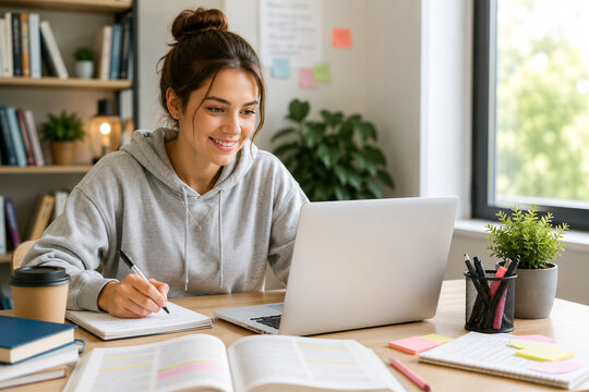 Junge Studentin lernt konzentriert mit Laptop und Notizbuch in einem hellen Homeoffice. Konzept f&uuml;r Online-Lernen, Studium, E-Learning, digitale Bildung, Pr&uuml;fungsvorbereitung, Fernstudium und modernes