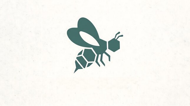 Minimalist geometric bee icon with honeycomb patterns on the abdomen, designed in a modern dark green silhouette style and isolated on a clean textured background