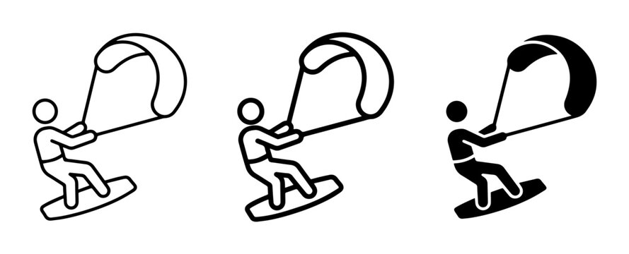 Kiteboarding Icons, Water Sports Vector Graphics, Extreme Sports Silhouette Set, Kite Surfing Action Symbols
