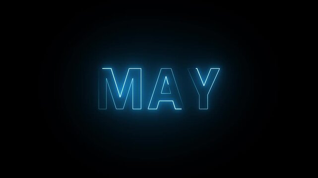 Glowing blue neon text 'MAY' on black background, futuristic calendar concept