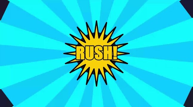 Colorful comic book explosion burst, badge with RUSH text and dynamic sunburst background. Retro pop art animation