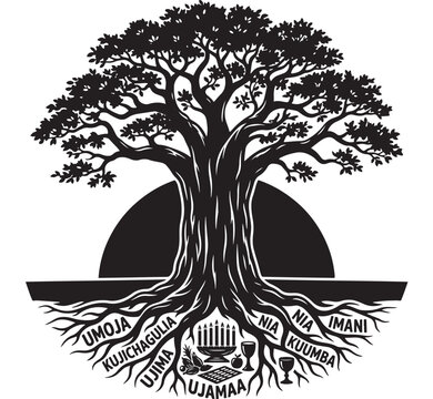 Tree with Roots Labeled with Principles of Kwanzaa, Black and White Illustration of Cultural Symbolism
