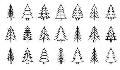 Obraz premium Minimalist Black and White Pine Tree Outline Icon Set Simple Evergreen Line Vector Illustration Isolated on White Background