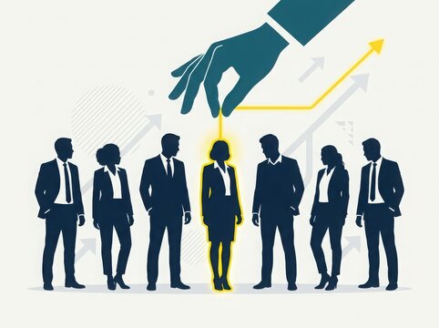 A large hand choosing a talented businesswoman from a group of professional business people for a leadership role or job promotion
