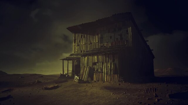 Cinematic filmnoir shack under brooding sky, staged decay and dramatic rim light, ideal backdrop for storytelling, production prop vibe with intense contrast